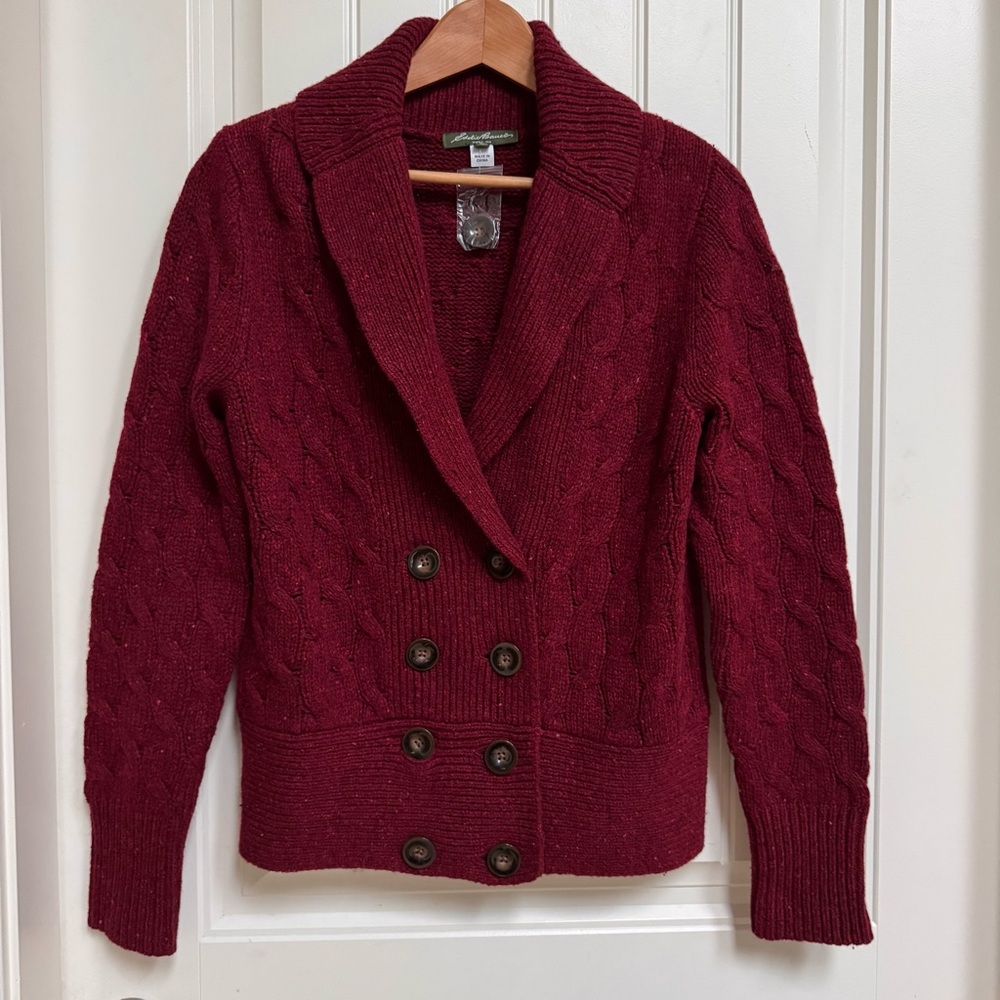 NWOT Eddie Bauer Deep Red Wool Blend Cable Knit Shawl Coller Cardigan. Size M